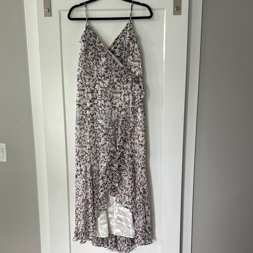 Express Floral Print High-Low Spaghetti Strap Wrap Dress